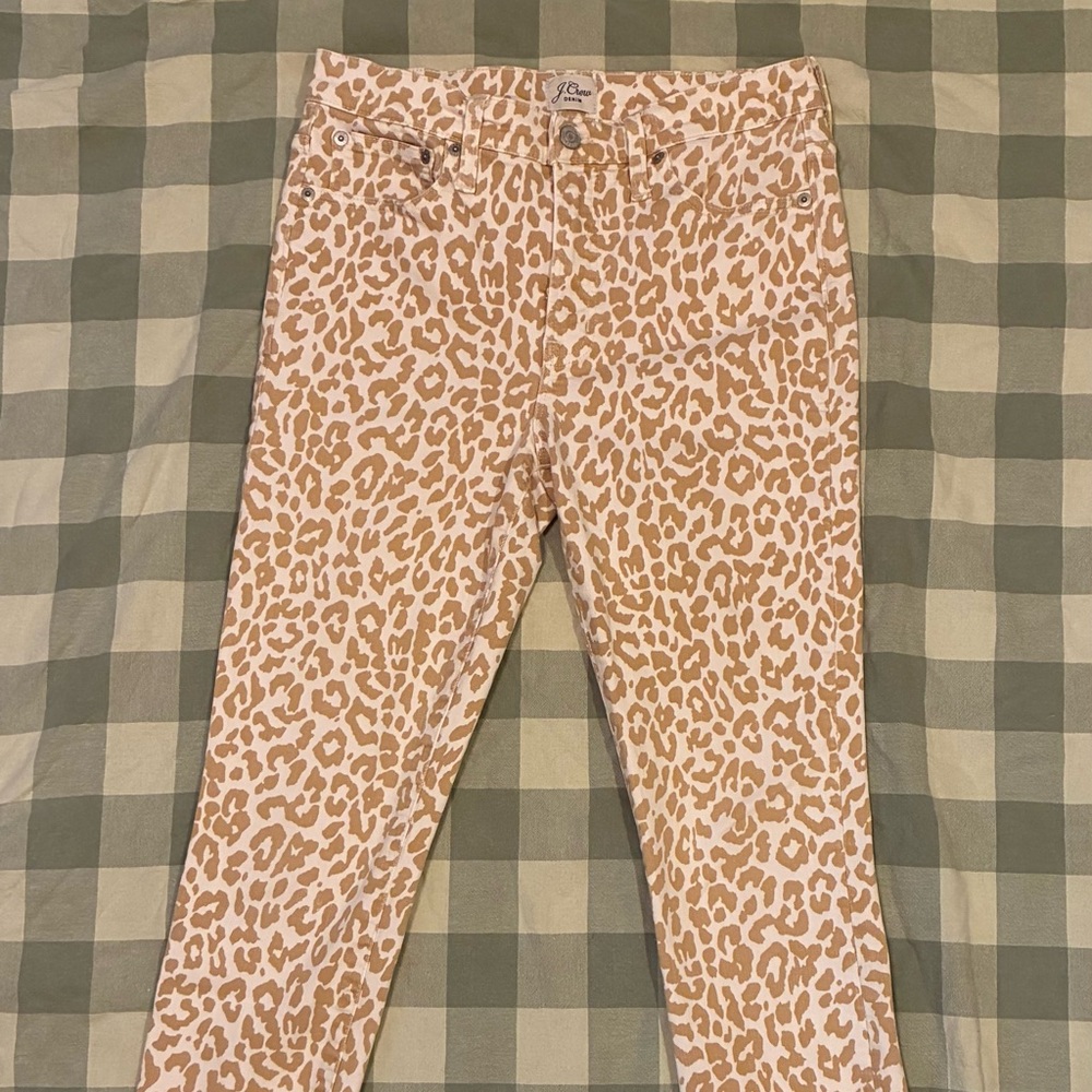 J. Crew 27 Skinny Ankle Stretch Jeans White Tan Animal Leopard Print Denim EUC